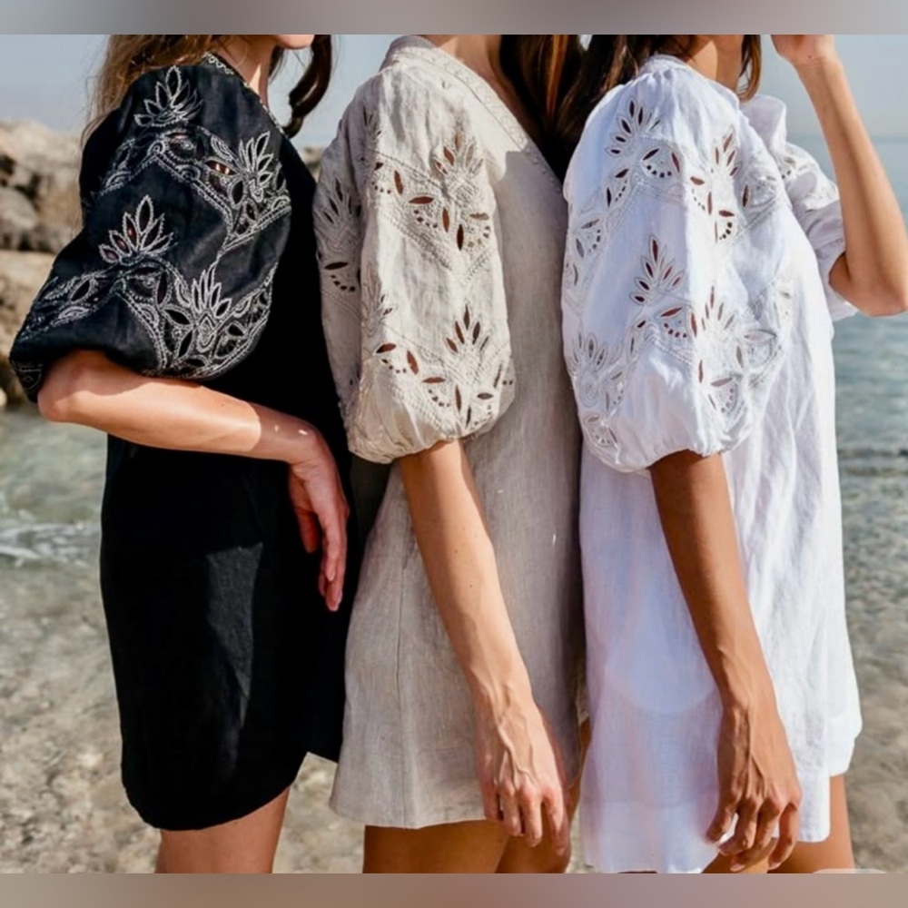 Scarlett Poppies -Elegant Embroidered Volume Sleeve Natural Linen Mini Dress